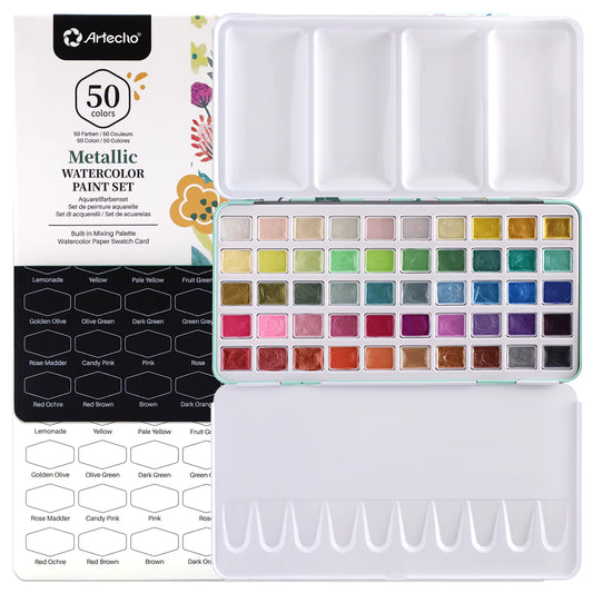 Artecho Professional 50 Metallic Watercolour Paint Set in Tin Case