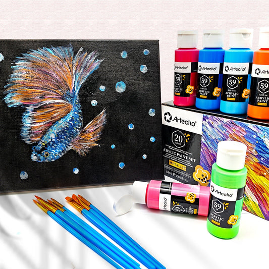 Artecho 20 Metallic Colours Acrylic Paint Set & 10pc Paint Brush Set - 59ml Bottles - Lifespace