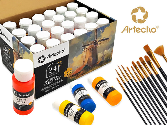 Artecho 24 Colours Acrylic Paint Set & 10pc Paint Brush Set - 59ml Bottles - Lifespace