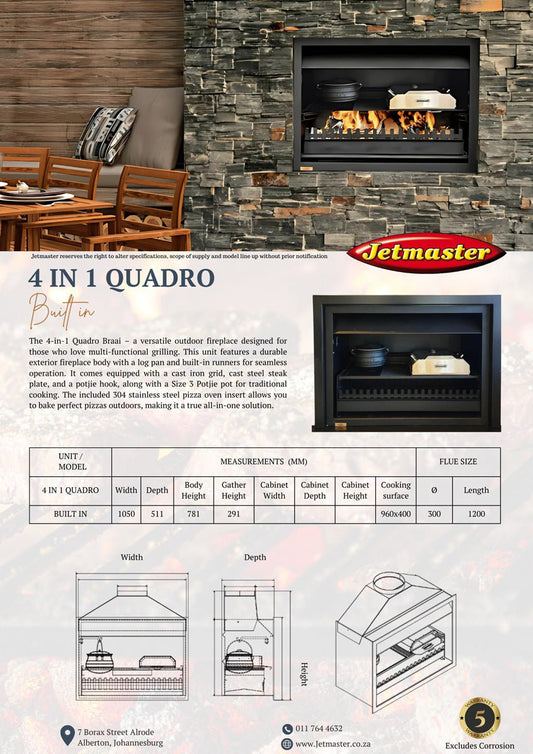Jetmaster 4 - in - 1 Quadro Built - In Braai - Fireplace, Braai, Pizza Oven and Potjie Cooker - Lifespace