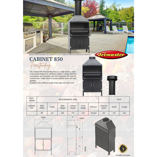 Jetmaster 850 Series Cabinet Freestanding Mild Steel Braai Including Flue Pipe and Storm Cowl - Lifespace