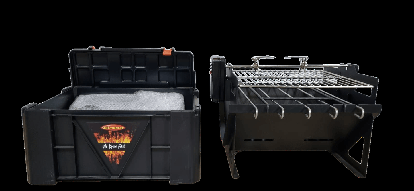 Jetmaster Camp Braai with Rotisserie Set, Stainless Steel Kebab Skewers in an Amo Box - Lifespace