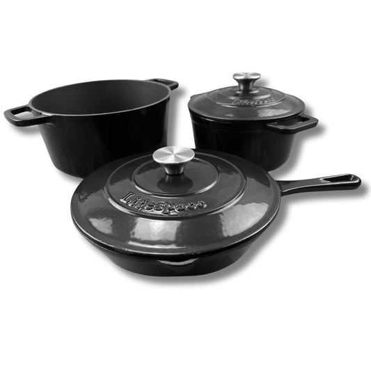 Lifespace 5 - pc Black Enamel Cast Iron Pot & Skillet Set - Lifespace