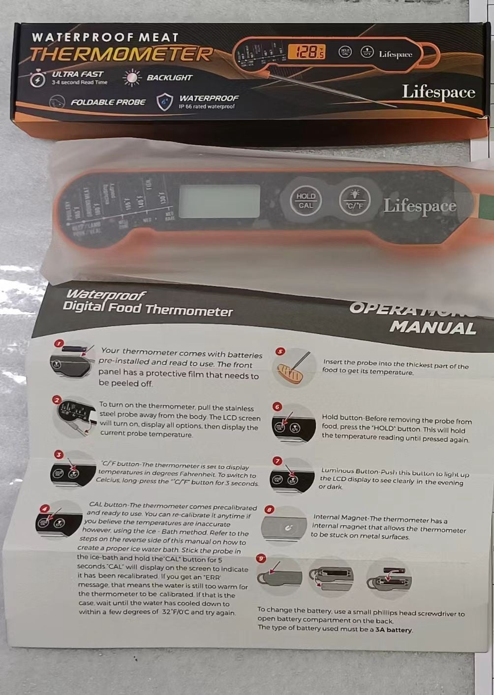 Lifespace Instant Read Waterproof Folding Meat Thermometer - Orange & Black - Lifespace