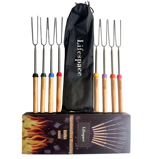 Lifespace Marshmallow Telescopic Roasting Forks (8Pce) with Wooden Handle - Lifespace