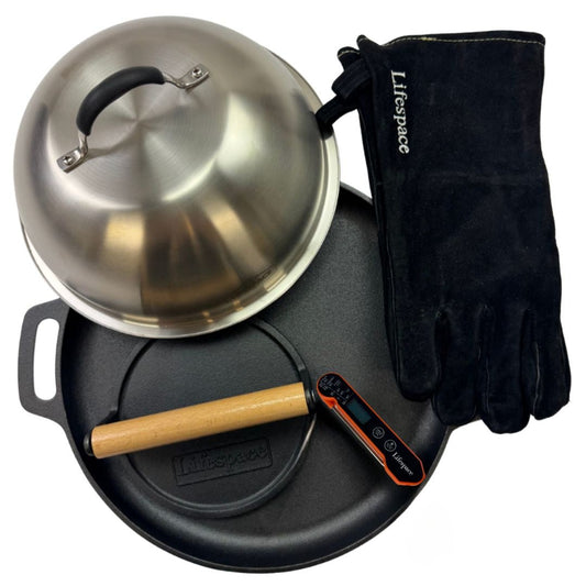 Lifespace Ultimate Steak Bundle — Cast Iron Grill Pan + Steak Press + Dome Lid + Instant Read Thermometer + Black Leather Gloves - Lifespace