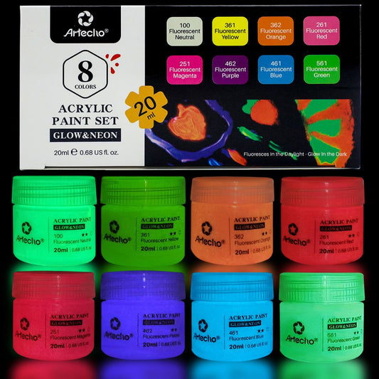 Artecho 8 colour Neon UV Glow in the Dark Acylic Paint Set (20ml) - Lifespace
