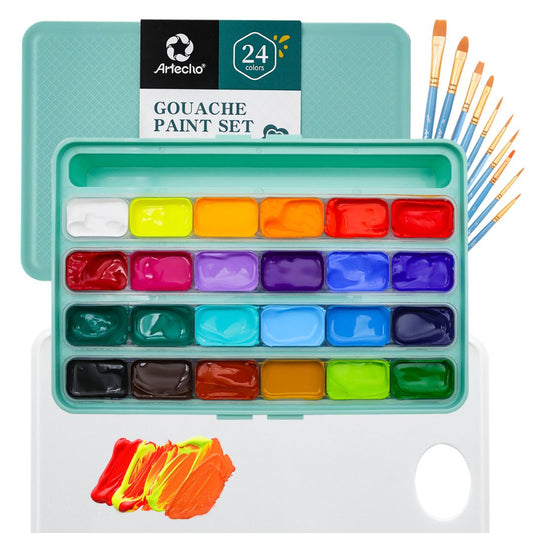 Artecho Gouache Paint Set, 24 Colors (30ml) with 10 Brushes & a Palette - Lifespace