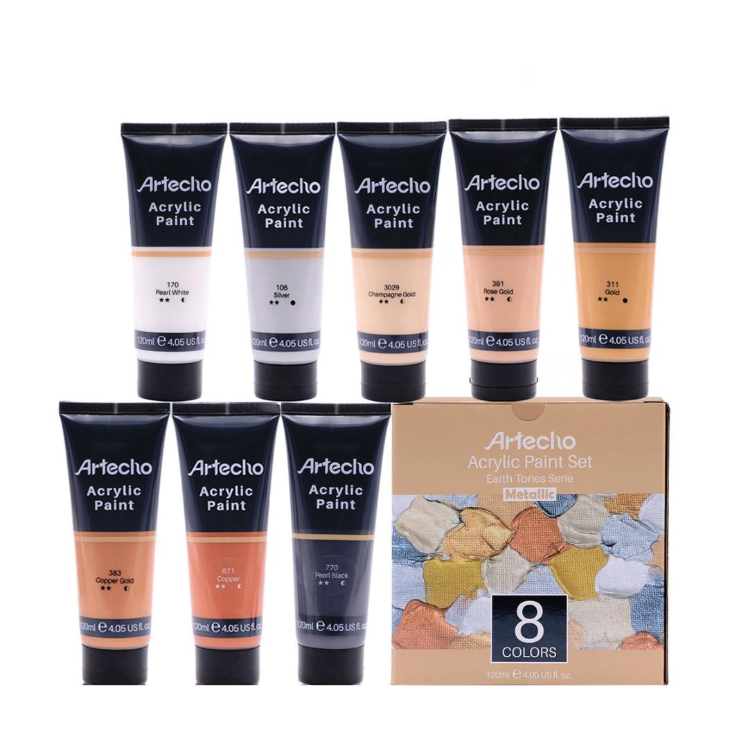 Artecho Metallic Acrylic Paint set - Earth Tone - Set of 8 Colours, 120ml Acrylic Paints - Lifespace