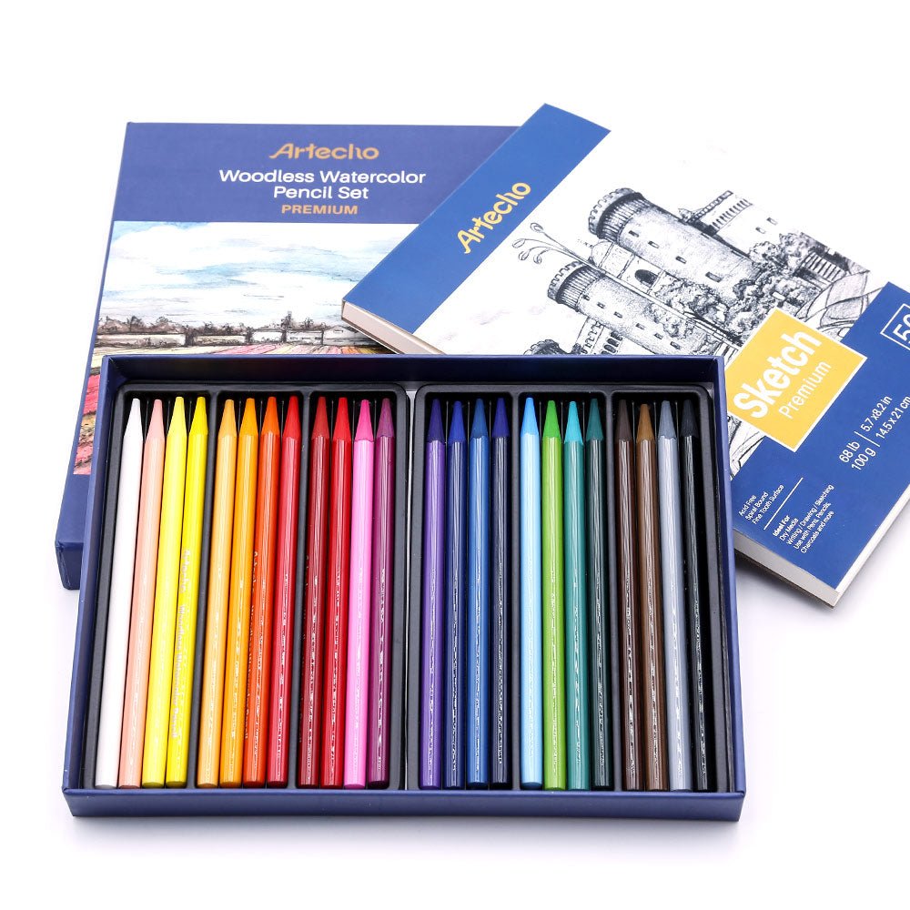 Artecho Premium Watercolour 24 Pencil Set & 50 Page Sketch Pad - Lifespace