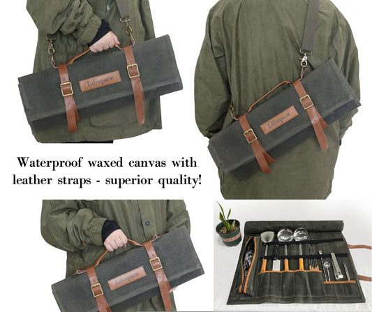 Lifespace Premium Leather & Waxed Canvas Utensil & Knife Roll - 8 Slots & Zip Pouch - Lifespace