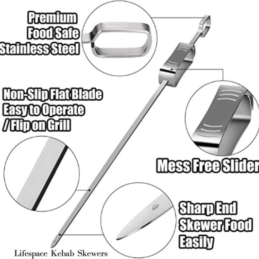 Lifespace Quality Set of 6 Stainless Steel Flat Kebab Skewers with Push Bar - Lifespace