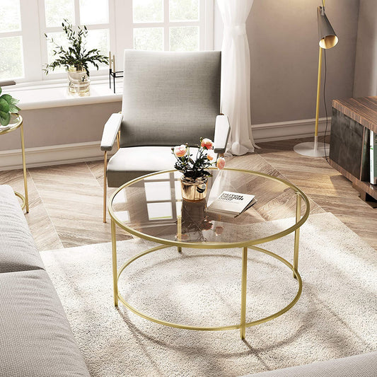 Lifespace Round Glass Coffee Centre Table with Gold Frame - Lifespace