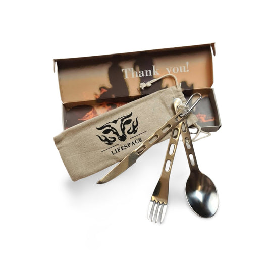 Lifespace S/S Camping Fishing Hiking Utility Cutlery Set w/ Bag & Carabiner - Lifespace