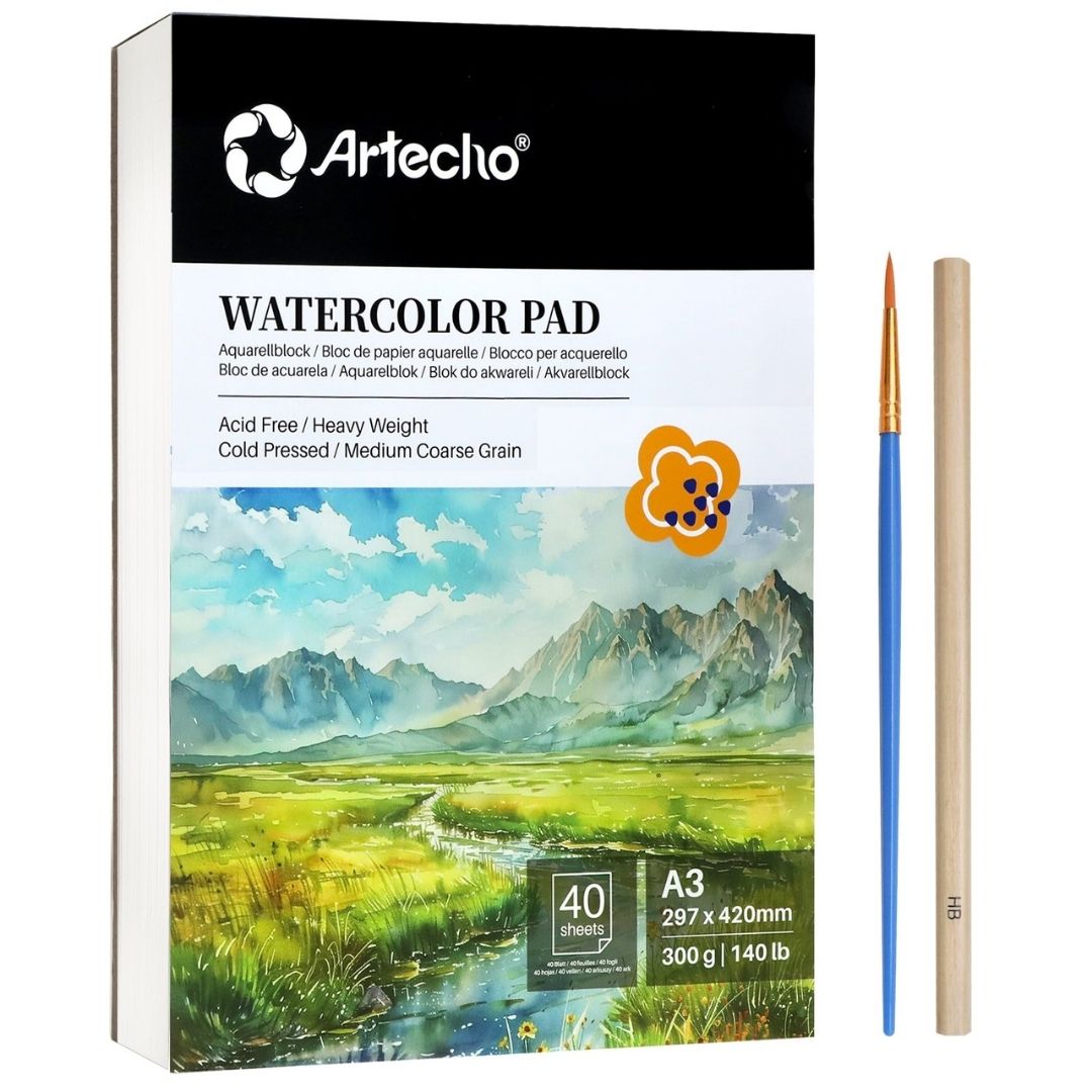 Artecho Professional A3 Watercolour Artists Pad with Watercolour Pen and Pencil - 40 Sheets