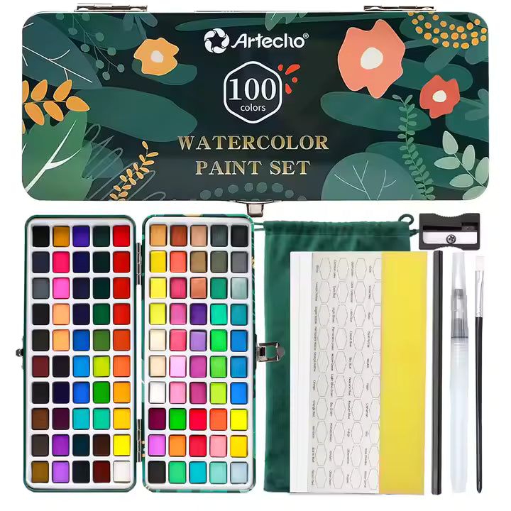 Artecho Professional 100 Watercolour Paint Set in Tin Case with Accessories