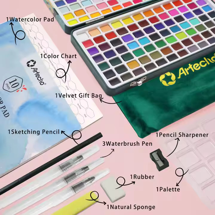 Artecho Professional 168 Watercolour Paint Set in Tin Case with Accessories