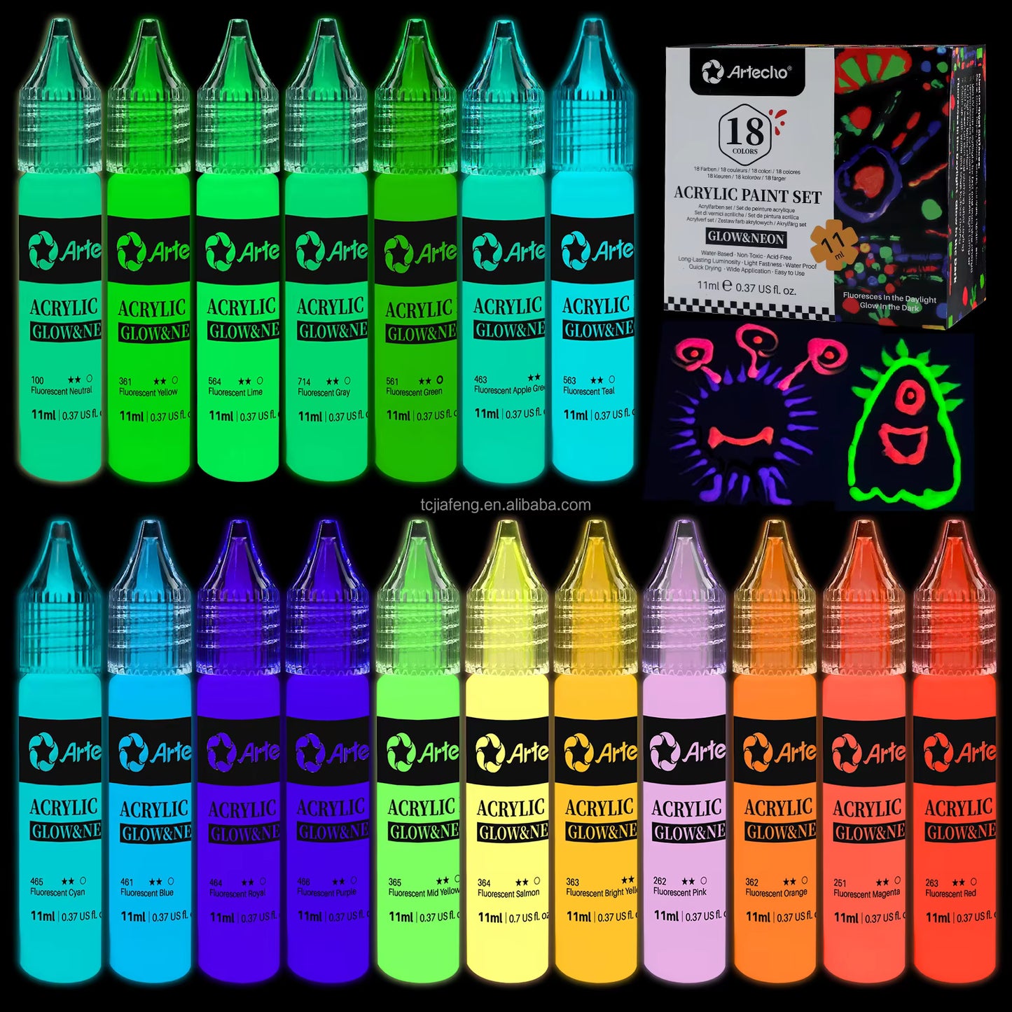 Artecho Neon Glow in the Dark Acrylic Paint Pen Set, 18 x 11ml Squeezable Acrylic Paint Pens