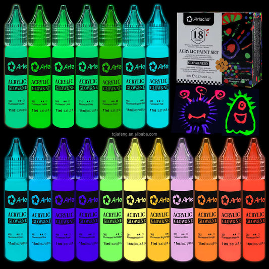 Artecho Neon Glow in the Dark Acrylic Paint Pen Set, 18 x 11ml Squeezable Acrylic Paint Pens