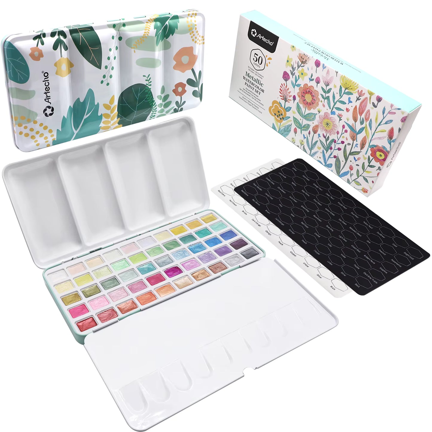 Artecho Professional 50 Metallic Watercolour Paint Set in Tin Case