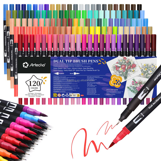 Artecho Dual-Tip Watercolour Brush Pens Set - 120 Colours - 0.4-2mm Line Width