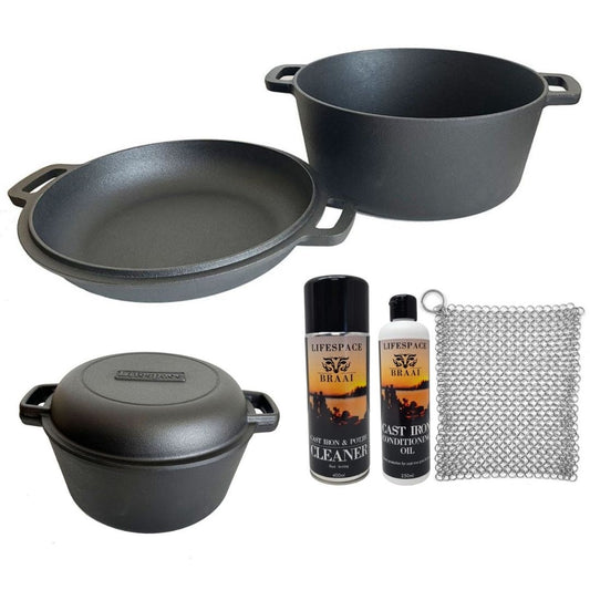 Lifespace Cast Iron Double Dutch Oven Pot 26cm + Potjie Clean & Care Kit Bundle