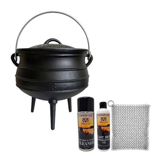 Lifespace Cast Iron No 3 Potjie Pot - 7,8lt + Potjie Clean & Care Kit Bundle