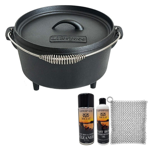 Lifespace Cast Iron Dutch Oven Bread Pot 24,5cm + Potjie Clean & Care Kit Bundle