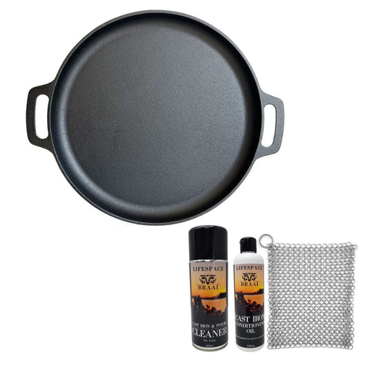 Lifespace Round Flat Cast Iron Grill Pan - 35cm + Potjie Clean & Care Kit Bundle