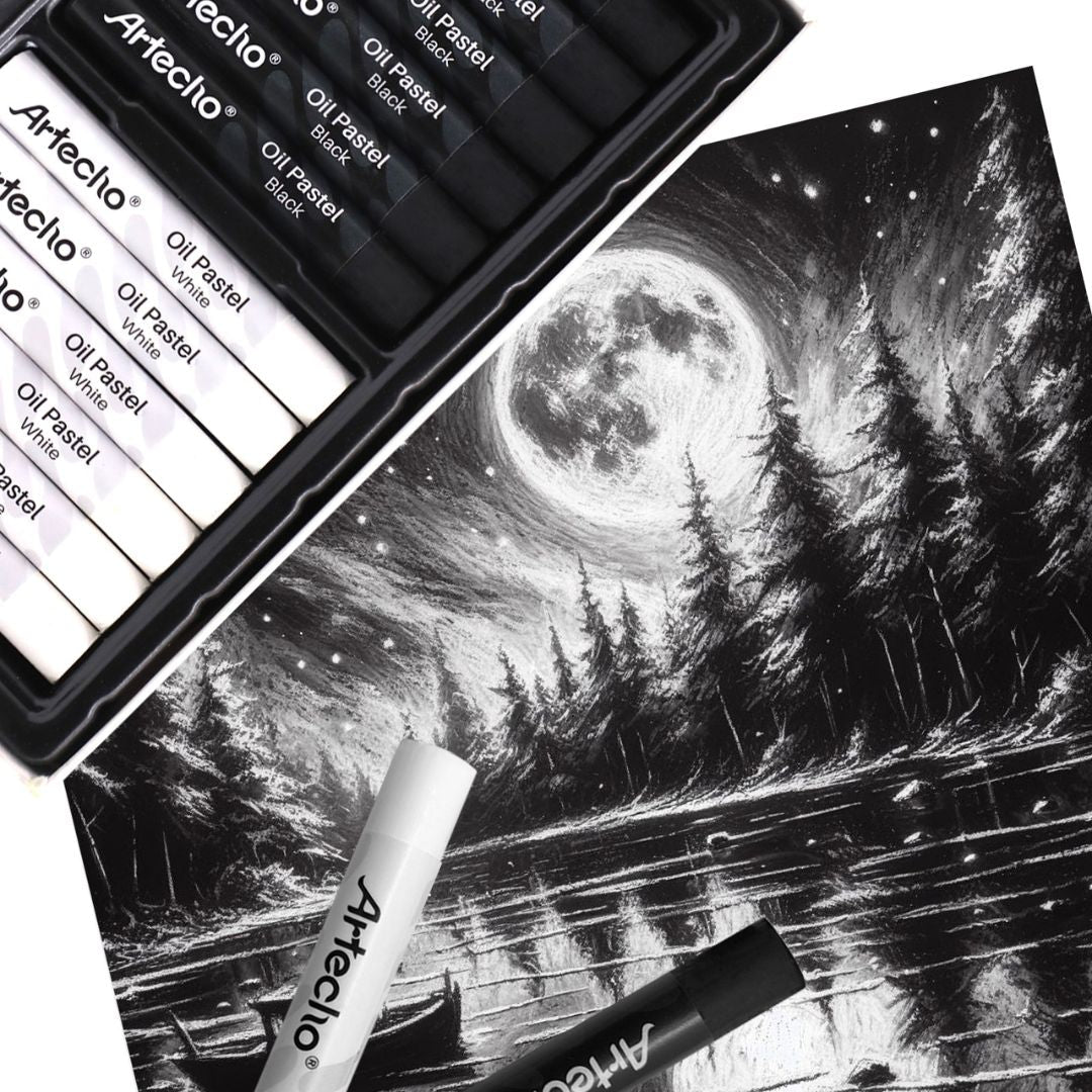 Artecho 12pc Oil Pastel Professional Range - 6 x Black & 6 x White - 2-Pack - Lifespace