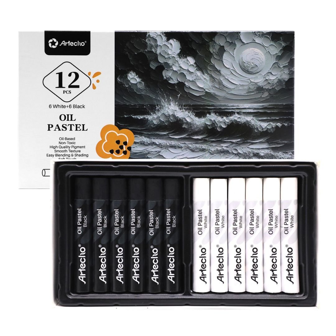 Artecho 12pc Oil Pastel Professional Range - 6 x Black & 6 x White - 2-Pack - Lifespace