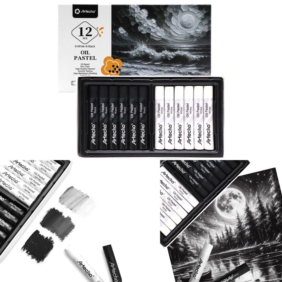 Artecho 12pc Oil Pastel Professional Range - 6 x Black & 6 x White - 2-Pack - Lifespace