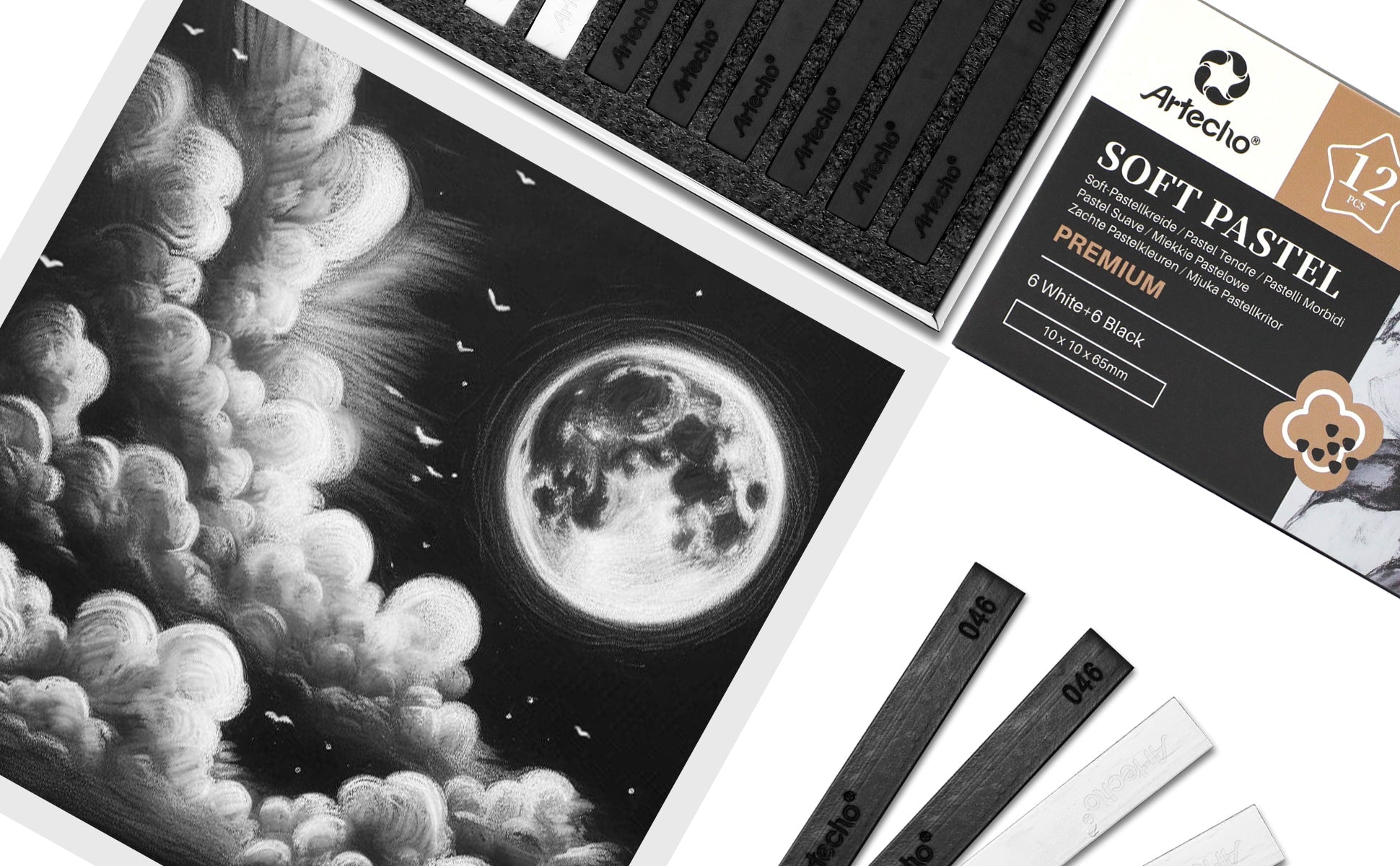 Artecho 12pc Soft Pastel Professional Range - 6 x Black & 6 x White - Lifespace