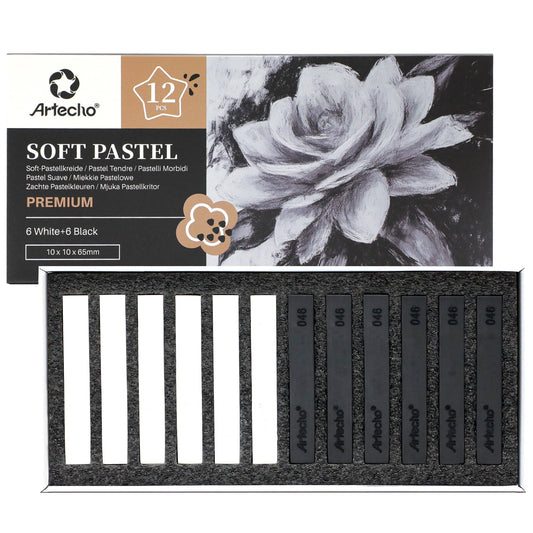 Artecho 12pc Soft Pastel Professional Range - 6 x Black & 6 x White - Lifespace