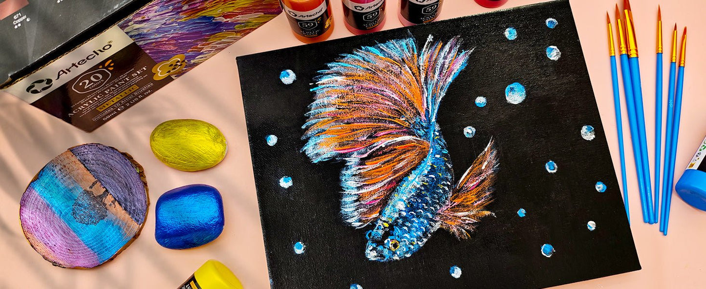 Artecho 20 Metallic Colours Acrylic Paint Set & 10pc Paint Brush Set - 59ml Bottles - Lifespace