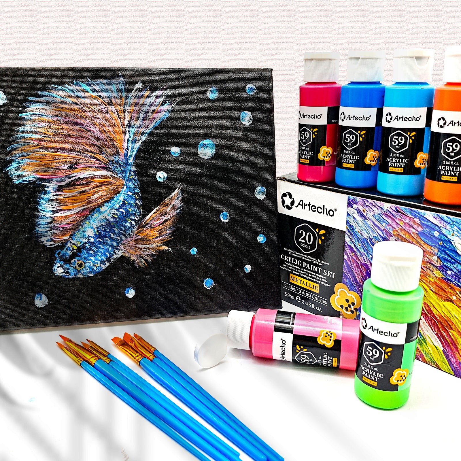 Artecho 20 Metallic Colours Acrylic Paint Set & 10pc Paint Brush Set - 59ml Bottles - Lifespace