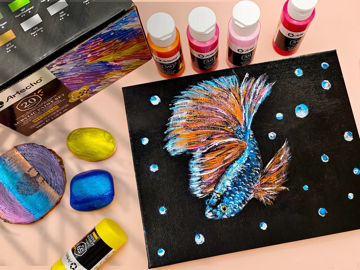 Artecho 20 Metallic Colours Acrylic Paint Set & 10pc Paint Brush Set - 59ml Bottles - Lifespace