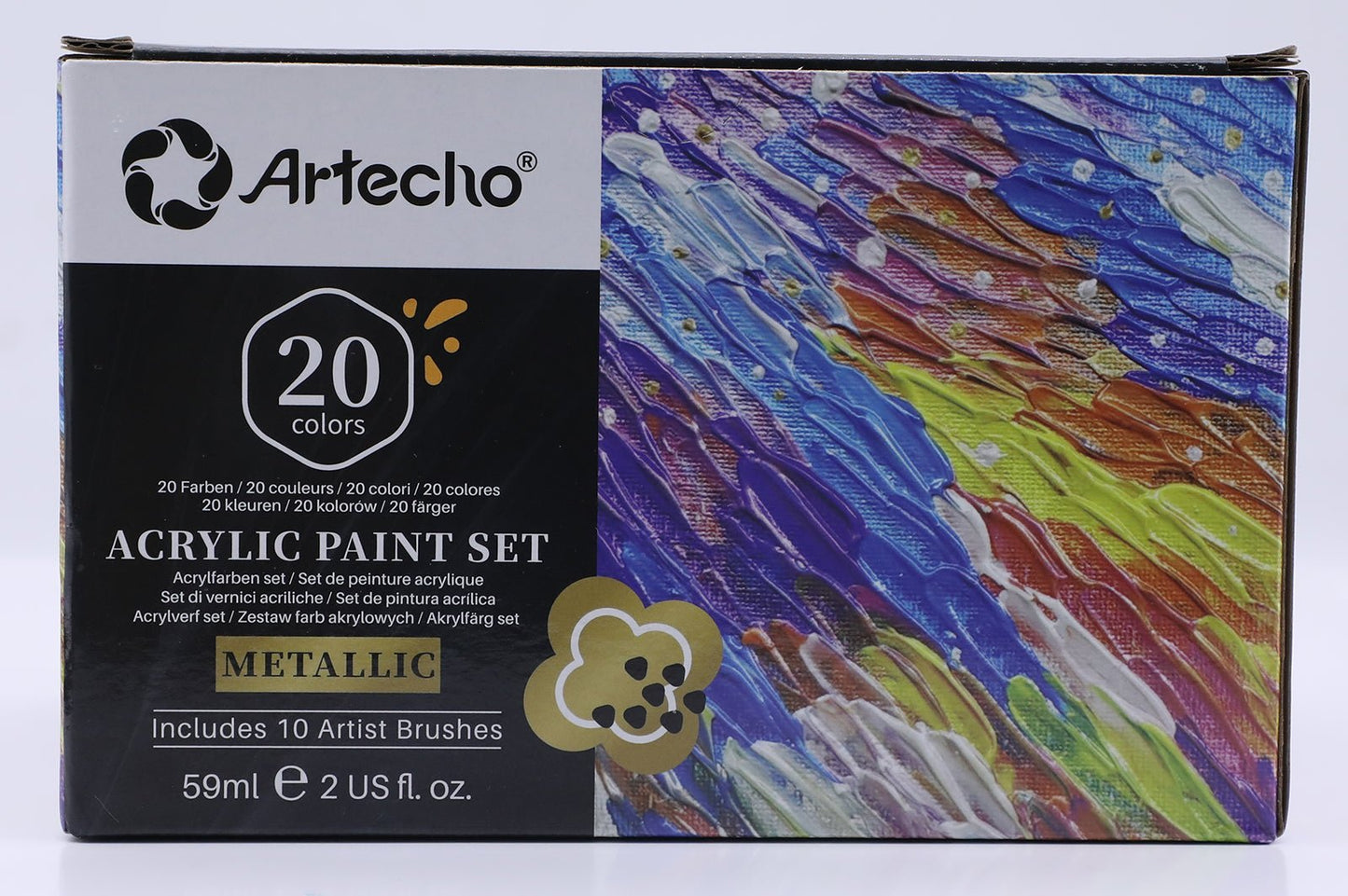 Artecho 20 Metallic Colours Acrylic Paint Set & 10pc Paint Brush Set - 59ml Bottles - Lifespace