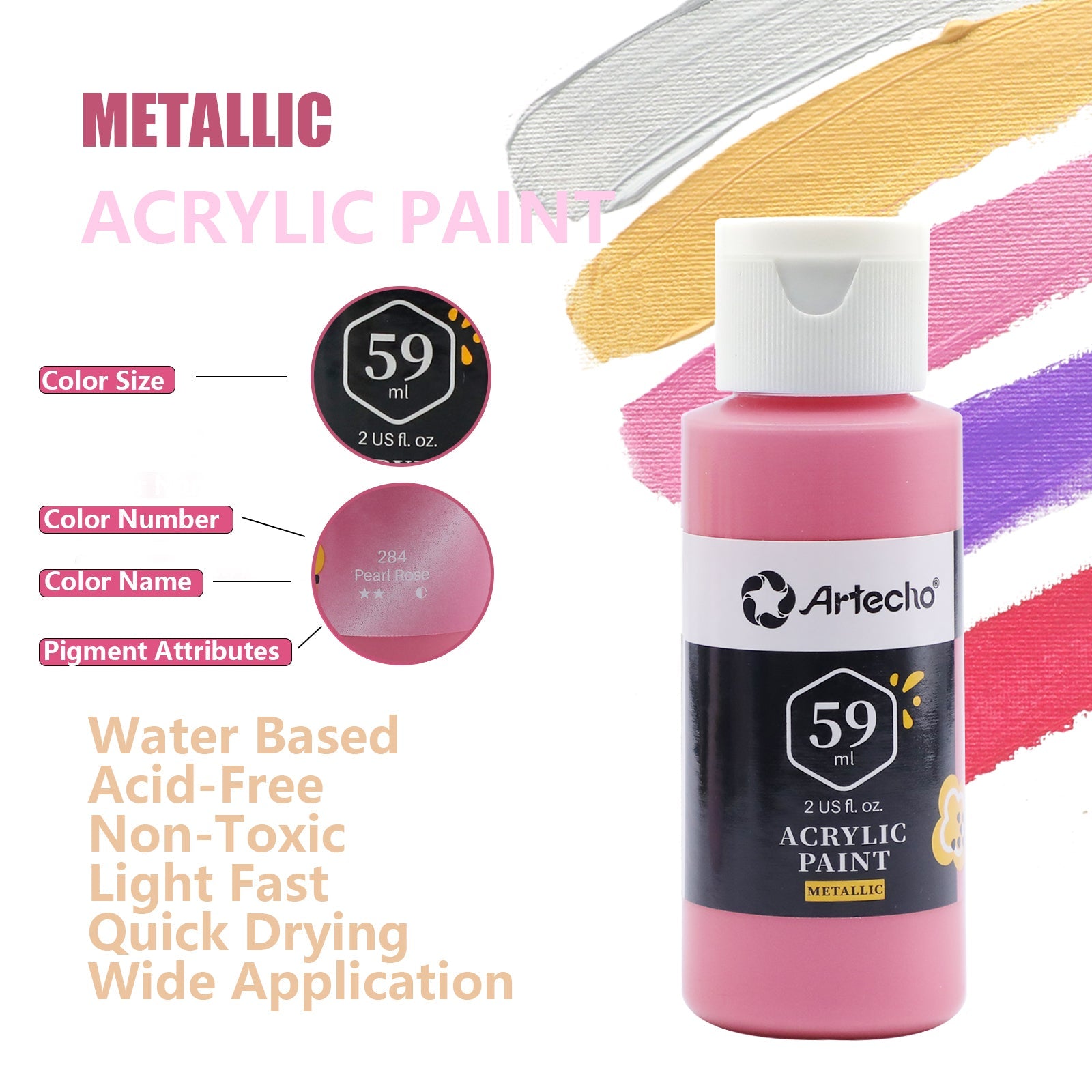 Artecho 20 Metallic Colours Acrylic Paint Set & 10pc Paint Brush Set - 59ml Bottles - Lifespace