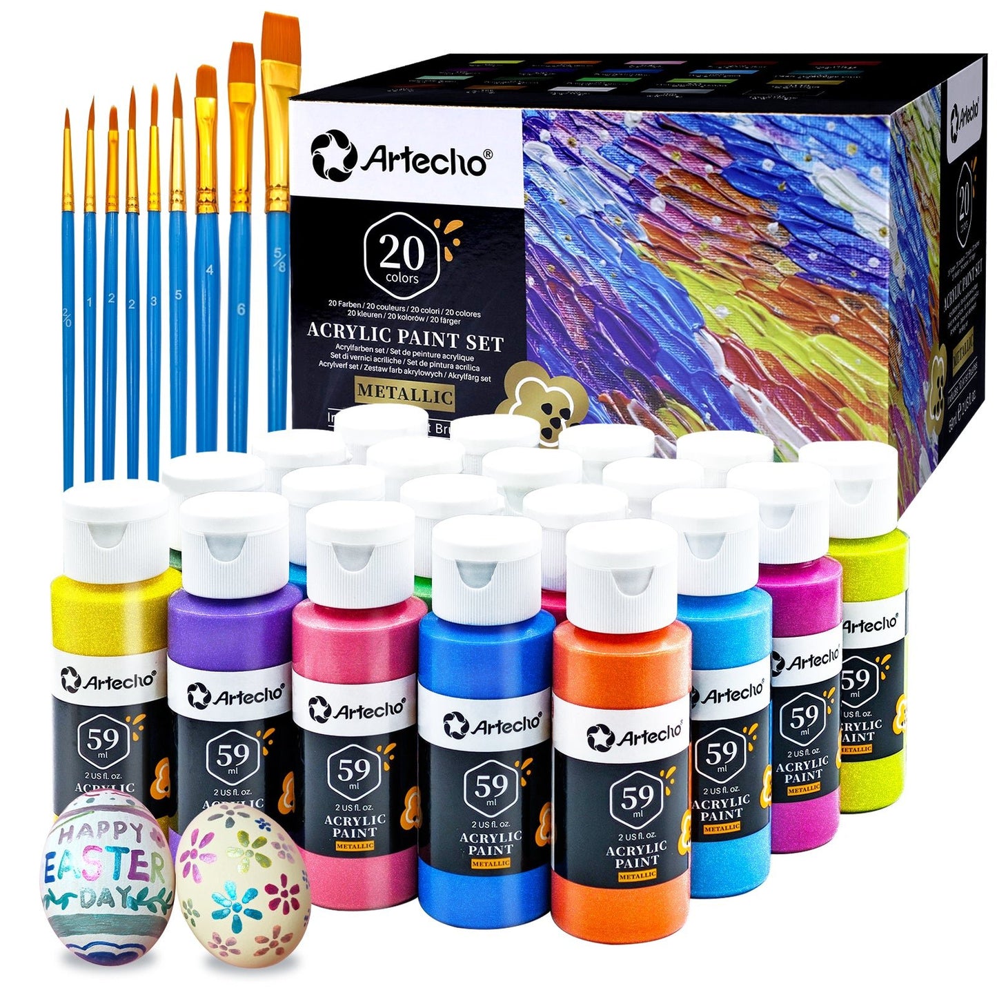 Artecho 20 Metallic Colours Acrylic Paint Set & 10pc Paint Brush Set - 59ml Bottles - Lifespace