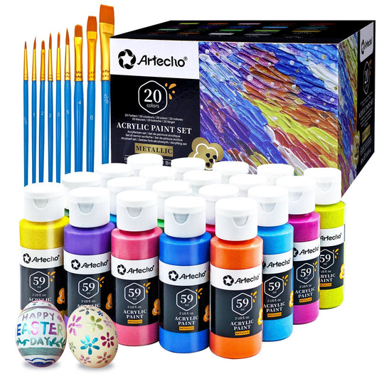 Artecho 20 Metallic Colours Acrylic Paint Set & 10pc Paint Brush Set - 59ml Bottles - Lifespace