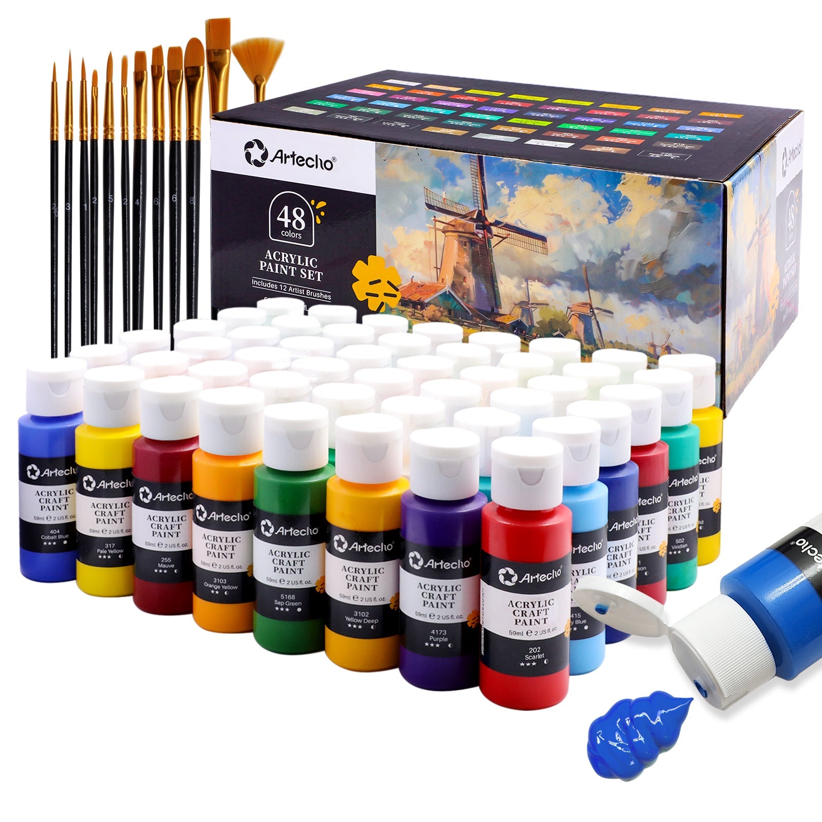 Artecho 48 Colours Acrylic Paint Set 12pc Paint Brush Set 59ml