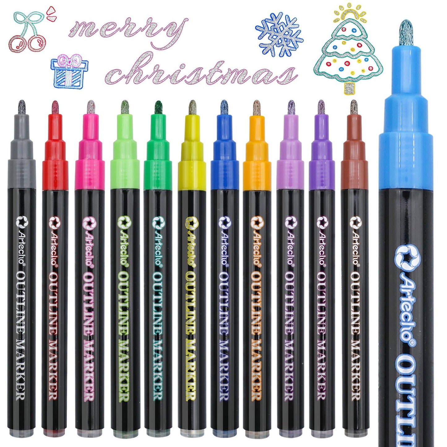 Artecho Dual - Colour Effect Metallic Outline Marker Set - 12 Glitter Colours - Lifespace