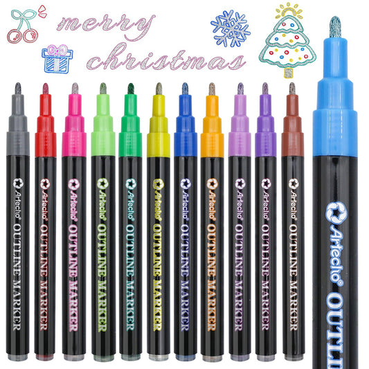 Artecho Dual - Colour Effect Metallic Outline Marker Set - 12 Glitter Colours - Lifespace