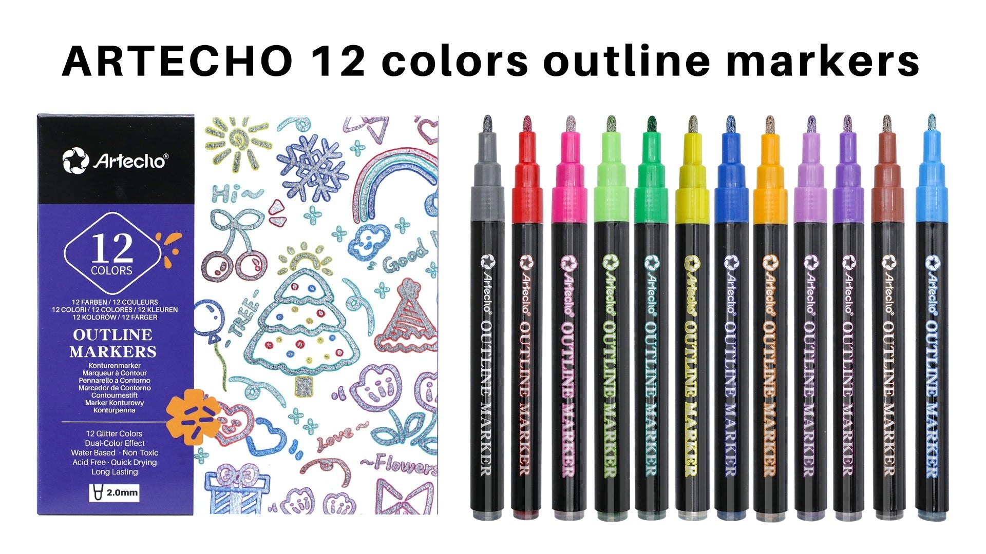 Artecho Dual - Colour Effect Metallic Outline Marker Set - 12 Glitter Colours - Lifespace