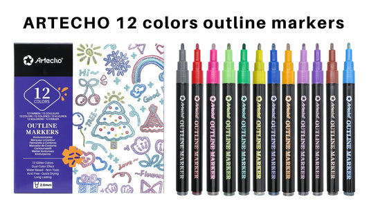 Artecho Dual - Colour Effect Metallic Outline Marker Set - 12 Glitter Colours - Lifespace