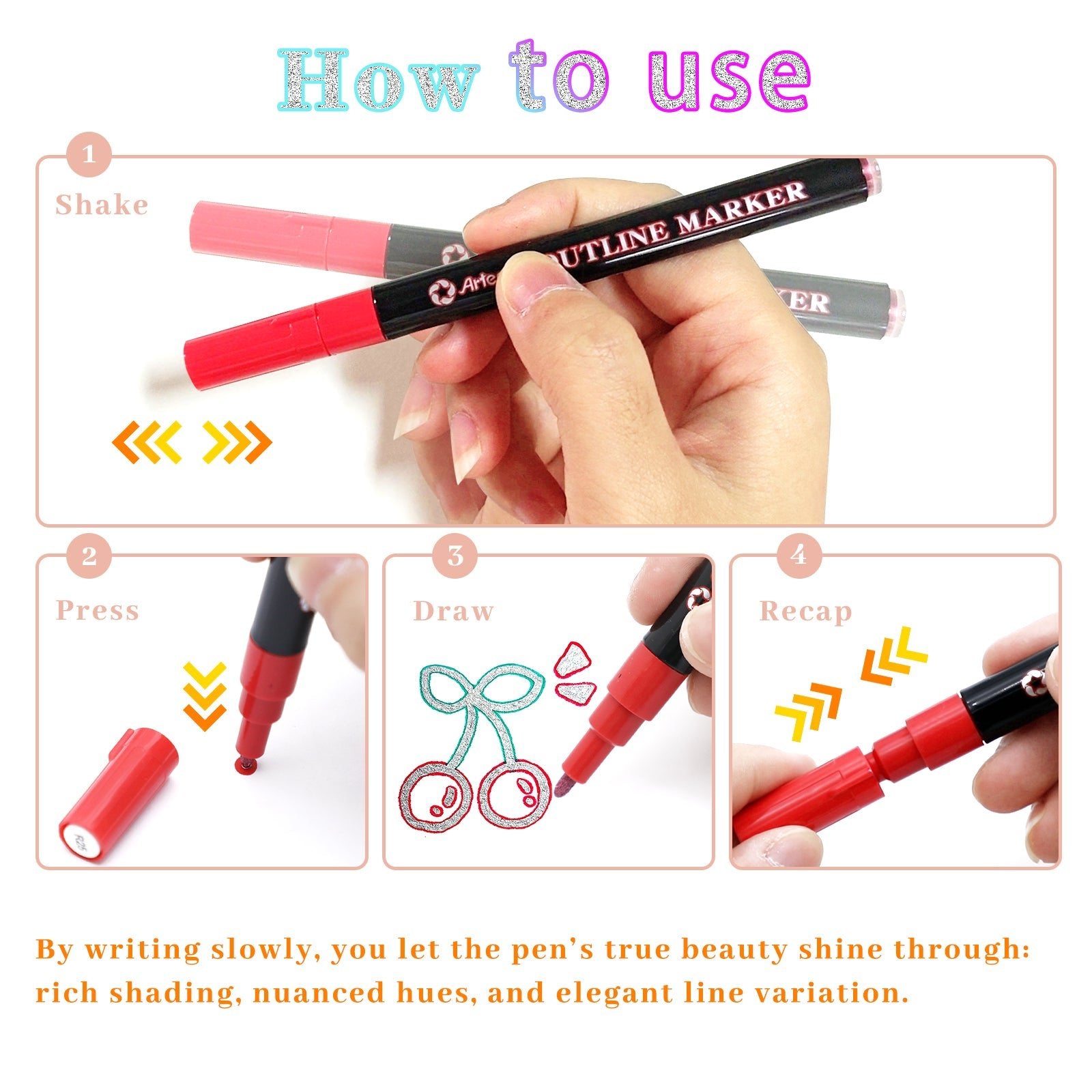 Artecho Dual - Colour Effect Metallic Outline Marker Set - 12 Glitter Colours - Lifespace