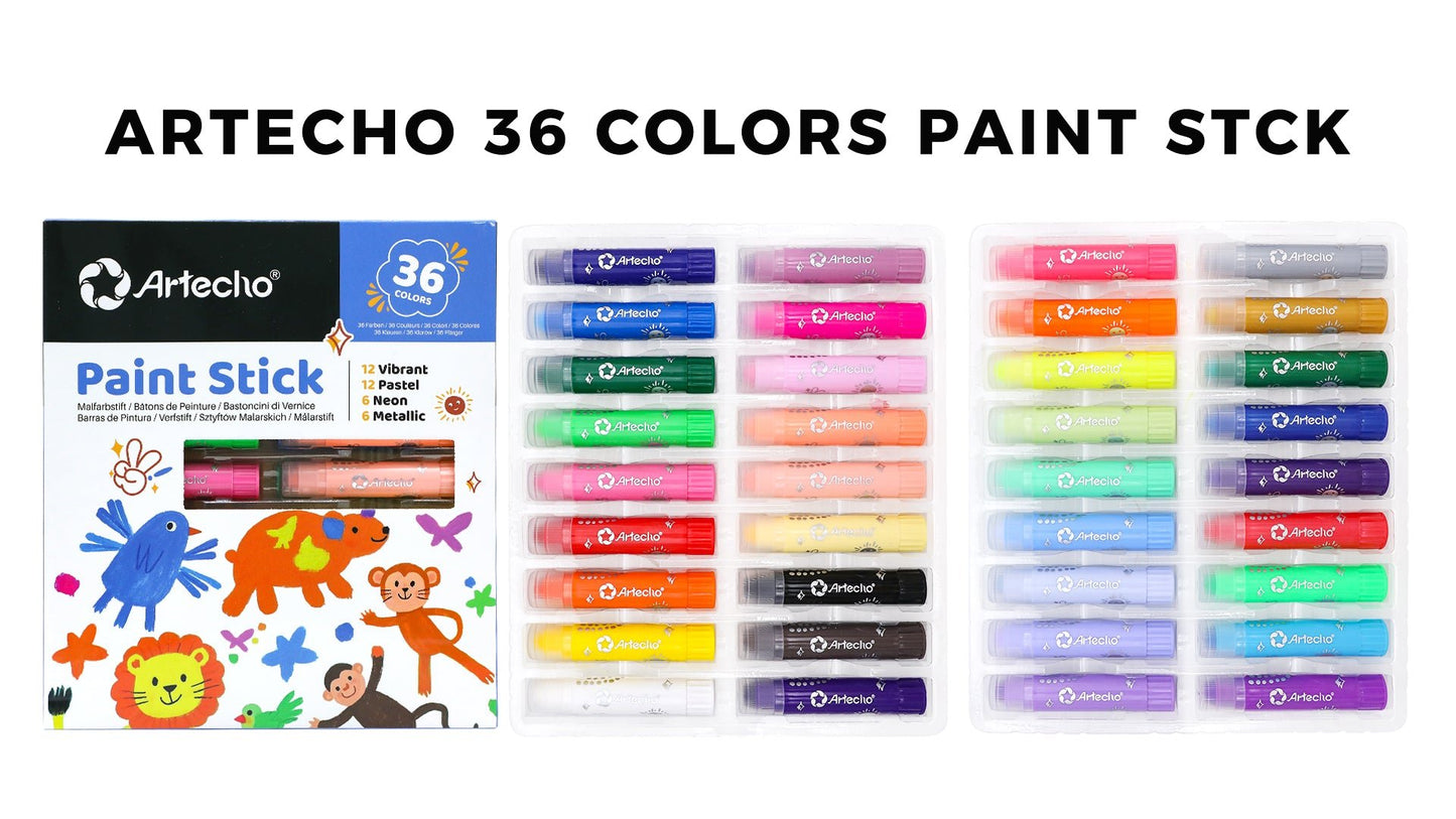 Artecho Tempera Paint Sticks, 36 Colours Incl. Primary, Pastel, Metallics, and Neon Colours - Lifespace