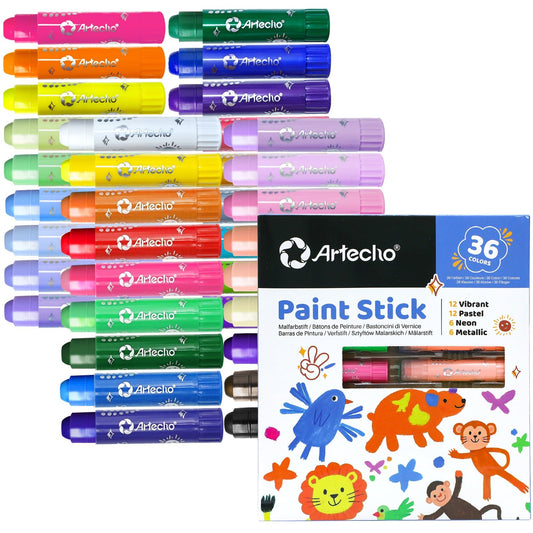 Artecho Tempera Paint Sticks, 36 Colours Incl. Primary, Pastel, Metallics, and Neon Colours - Lifespace