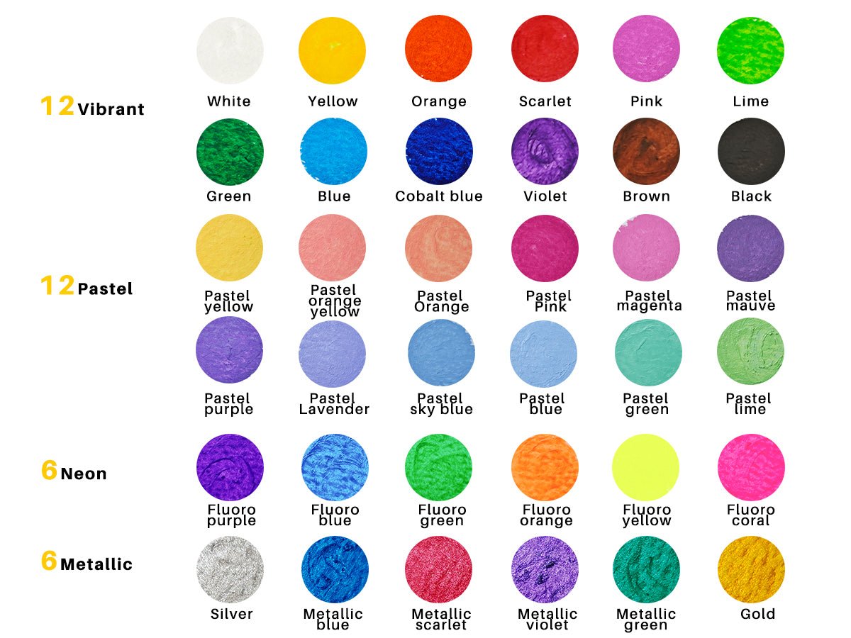 Artecho Tempera Paint Sticks, 36 Colours Incl. Primary, Pastel, Metallics, and Neon Colours - Lifespace